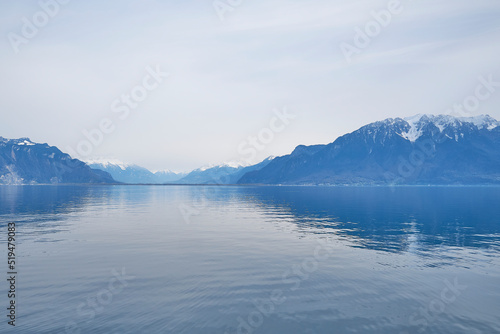 A landscape of Lake Geneva from the lakeside promenade at Vevey city, Switzerland. 