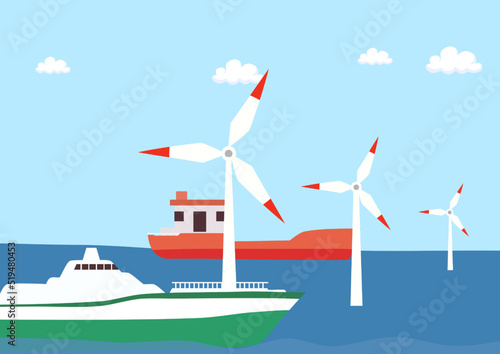 ships, wind, ocean, ships passing by windmills on the ocean
