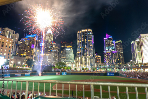 Photography fireworks show over charlotte skyline post baseball game