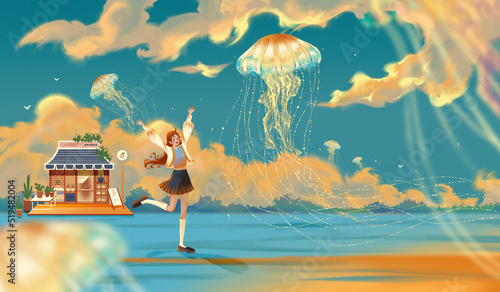 Jumping girl and flying jellyfish.Beautiful dream painting.