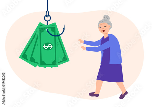 Senior woman panic after money stolen via internet. Phishing scam concept vector illustration.