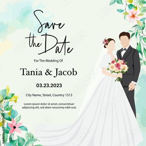 Wedding invitations card with cute couple bride and groom cartoon vector illustration