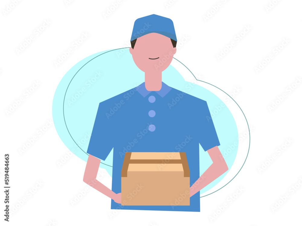 笑顔の宅配員 配達 青の制服 スタッフ 男性 ベクターイラスト