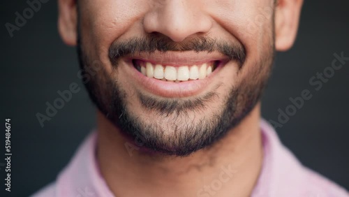 Perfect teeth of happy smiling man feeling cheerful and satisfied. Closeup mouth of confident and bearded male expressing a positive attitude and mindset. Good oral hygiene means healthier smiles