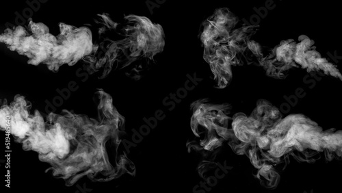 White horizontal smoke collection on black background. Fog or smoke set isolated on black background. White cloudiness, mist or smog background.