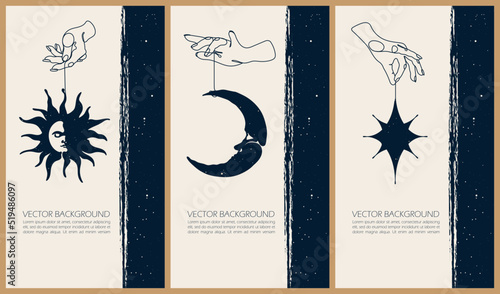 Set of celestial mysterious vector illustrations for stories templates, mobile app, landing page, web design, posters. Occult magic background for astrology, divination, tarot concept. Sun, moon, star