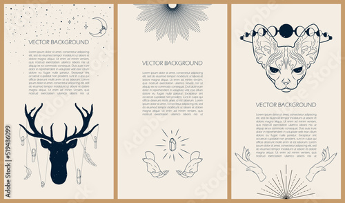 Set of celestial mysterious vector illustrations for stories templates, mobile app, landing page, web design, posters. Occult magic background for astrology, divination, tarot concept. Animals spirit