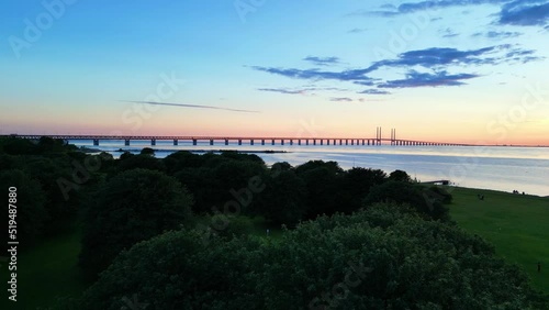 Oresundsbron, Oresund Bridge Over The Strait At Sunset In Sweden. - aerial photo