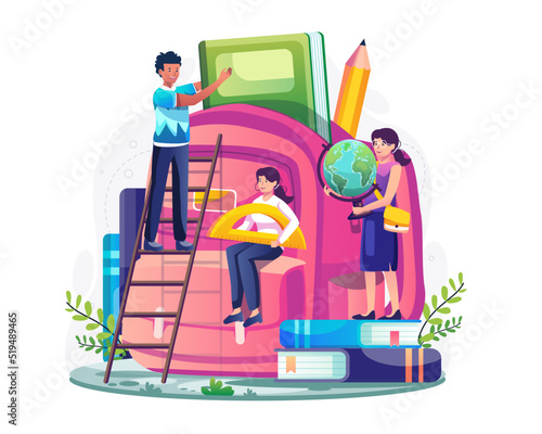 Students prepare school supplies and put books, pencils, and stationery into a giant backpack. Back to school concept design. Vector illustration in flat style