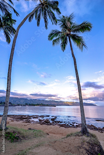 View of park and tropical beach in Haleiwa, North shore of Oahu, Hawaii photo