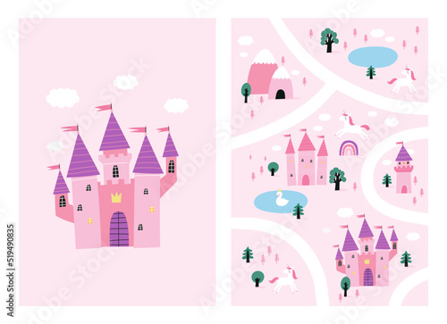 Fairy tale princess castle - vector illustration in flat style. Fantastic cute castle - fairytale kingdom