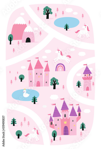 Fairy tale princess castle - vector illustration in flat style. Fantastic cute castle - fairytale kingdom