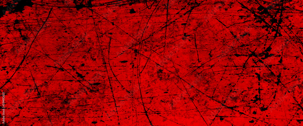 Red grunge halloween background with blood splash space on wall, cracked floor tile tile wall texture red background, red paper texture background. Paper empty for text. Dark design is blackboard. 