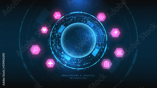 Fototapeta Naklejka Na Ścianę i Meble -  Healthcare and medical icon pattern innovation digital technology technology background. Medical, science and technology concepts. Abstract futuristic design. Vector illustration.