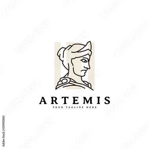 Goddess greek artemis logo design, line art monoline style vector template
