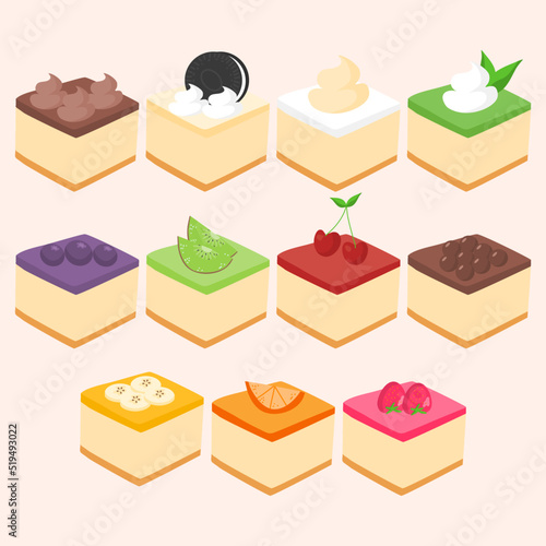Cheesecake types, with fruits and cream