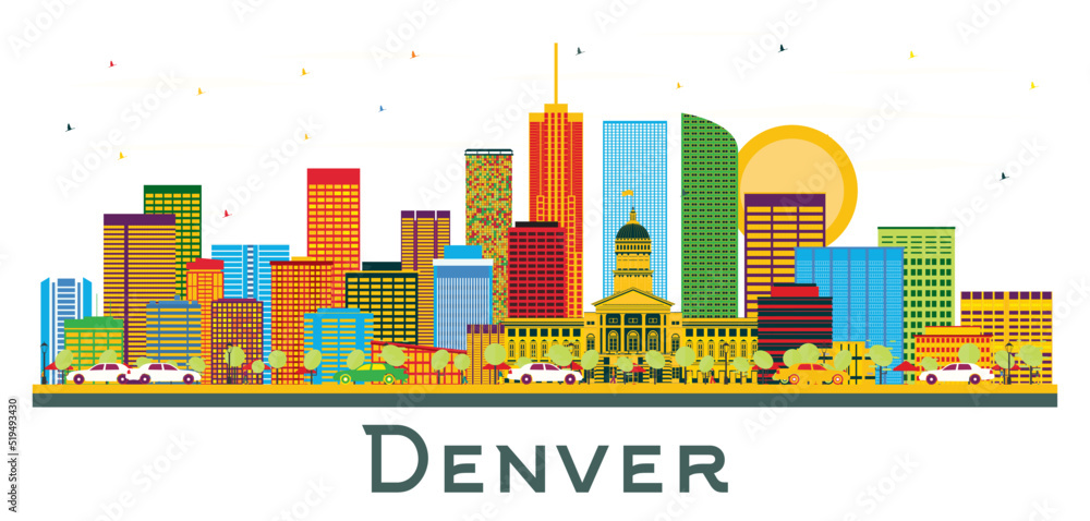 Denver Colorado USA City Skyline with Color Buildings and Blue Sky Isolated on White.