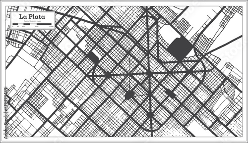 La Plata Argentina City Map in Black and White Color in Retro Style Isolated on White.