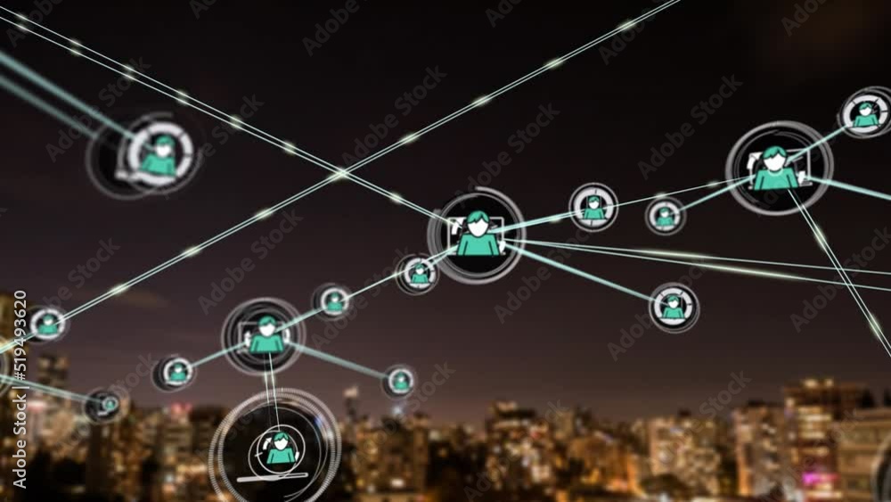 Animation of network of connections with icons over cityscape Animation of network of connections with icons over cityscape