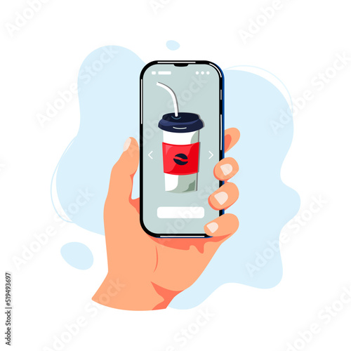 Hand with mobile phone and disposable cup on it's screen. Food fast delivery, beverage online shopping concept. Vector illustration.