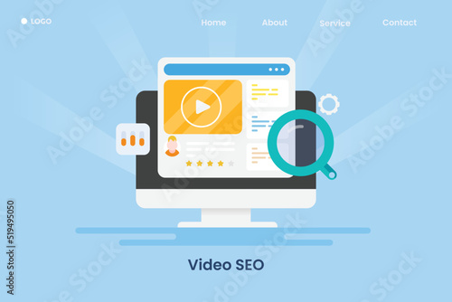 Flat design concept of video optimization, Video content seo, user searching video online web banner template.