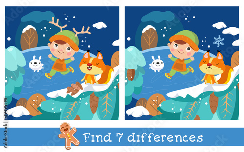 Find 7 differences. Game for children. Cute boy on forest skating rink. Vector hand drawn illustration.