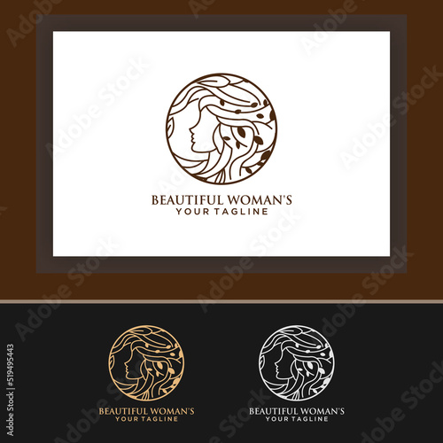 Linear simple logo female face smelling tulip at hand drawn circle frame for beauty spa salon vector illustration. Woman with flower at rounded border feminine cosmetic cosmetology skin care wellness
