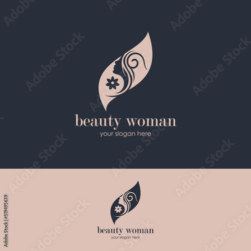 Linear simple logo female face smelling tulip at hand drawn circle frame for beauty spa salon vector illustration. Woman with flower at rounded border feminine cosmetic cosmetology skin care wellness
