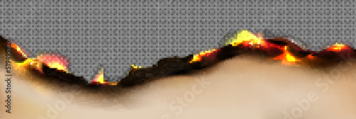 Burnt paper edge with fire and black ash isolated on transparent background. Vector realistic border with 3d scorched and smoldering brown paper page or parchment sheet with flame