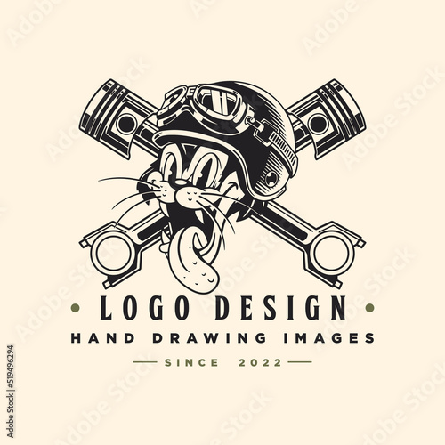 Cat Emblem with vintage piston.garage motorcycle logo template.
