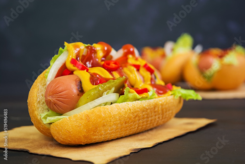 Delicious homemade hot dog on dark background