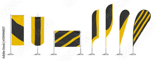 Yellow and black vinyl flags and banners on pole. Vector realistic template of fabric promotion posters, advertising striped canvas pennants hanging on metal frame and stand