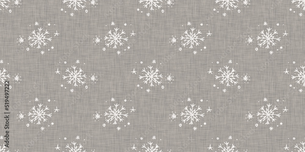 Seamless christmas snowflake woven linen border. Two tone seasonal grey farmhouse frost edging. Holiday textile for french Xmas snow washi tape. - obrazy, fototapety, plakaty 