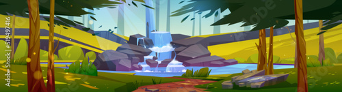 Summer forest landscape with cascade waterfall. Vector cartoon illustration of nature panorama with water stream falls off stones, lake, green trees, grass and path