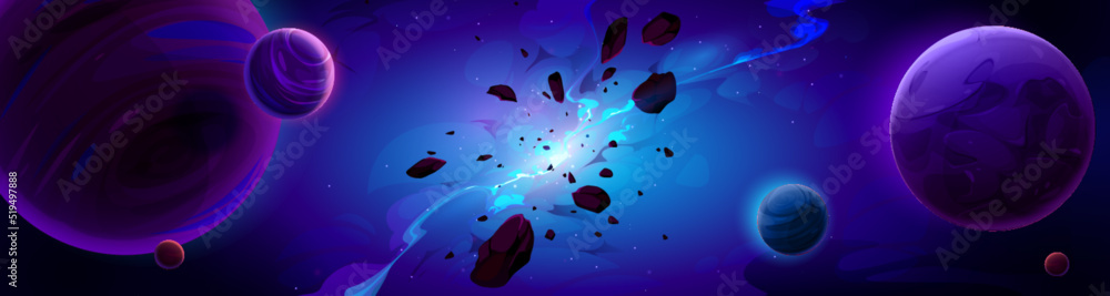 Cartoon blue space background with glowing galaxy nebula and flying rocks and planets in dark starry sky. Birth of new star, explode in universe. Fantasy alien world, cosmos view, Vector illustration