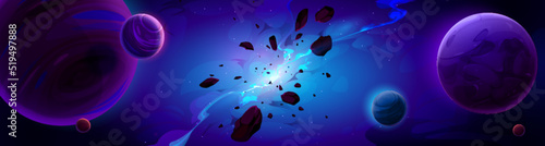 Cartoon blue space background with glowing galaxy nebula and flying rocks and planets in dark starry sky. Birth of new star, explode in universe. Fantasy alien world, cosmos view, Vector illustration