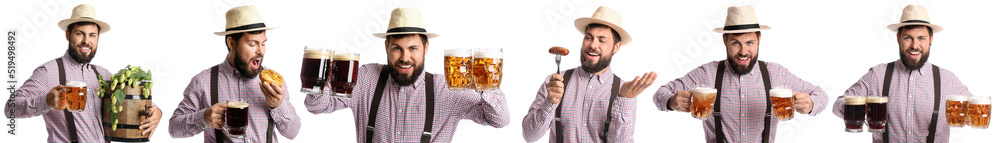 Set of handsome man in traditional German clothes, with beer and snacks on white background Set of handsome man in traditional German clothes, with beer and snacks on white background