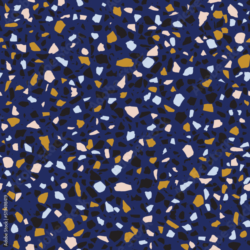 Colorful venetian terrazzo imitation seamless pattern. Realistic marble texture with stone fragments. Modern minimalistic floor tile for interior decoration. Trendy abstract vector illustration