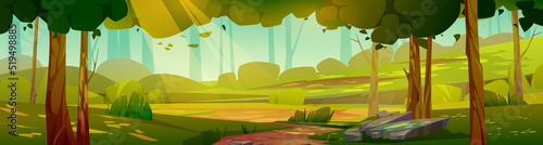 Summer landscape of forest glade in sunny day. Vector cartoon illustration of nature panorama of deep woods, nature park or garden with green trees, grass, bushes and path