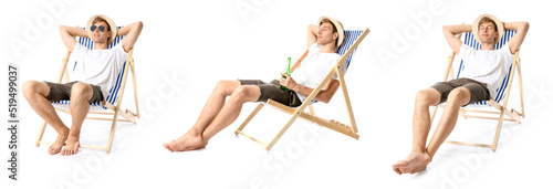 Valokuva Set of young man with bottle of beer sitting on deck chair against white backgro