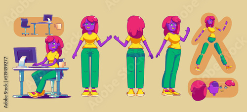 Girl character for animation, woman side rear front view. Body and face constructor and workplace desk with pc. Contemporary cartoon female office worker or freelancer personage, Vector illustration