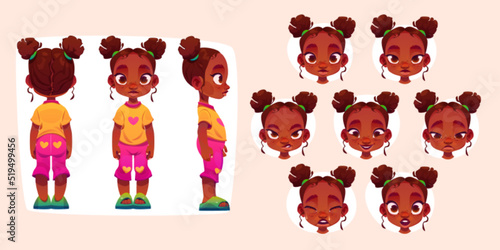 Little black girl cartoon character for animation front, side and rear view. African baby constructor and emotions set, cute toddler face expression sad, happy, cry and angry, Vector illustration