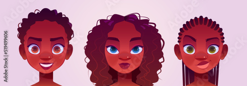 Black girl avatars, young female characters faces. African american women with curly hair, brown, blue or green eyes. portraits for social networks or user web profiles, Cartoon vector illustration