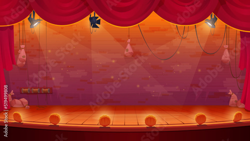 Retro theater stage with red curtains, spotlights and decoration with sacks. Vector cartoon illustration of theatre interior, empty scene with wooden stage and velvet drapes