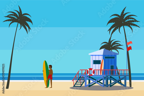 Lifeguard station on the beach palms, surfer, coast ocean, sea. Summer tropical landscape, vector