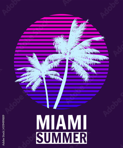 Miami Summer sunset print t-shirt design. Poster palm tree silhouettes