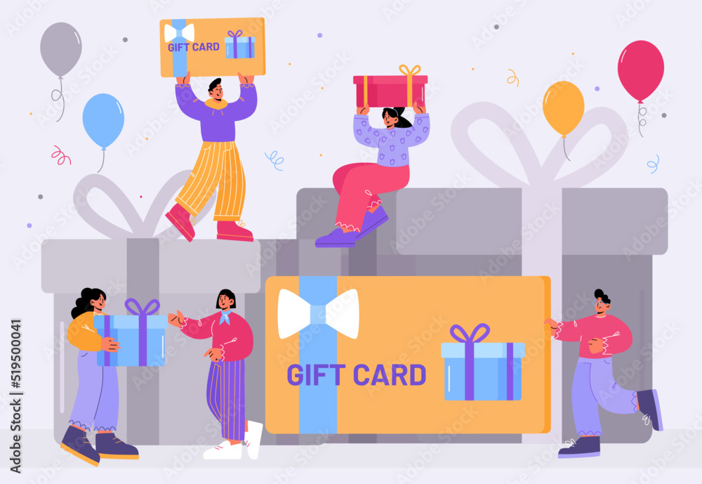 Gift card, customers reward and loyalty program concept. Tiny buyers at huge wrapped gift box receive present from store. Consumerism, special offer for clients, sale Line art flat vector illustration Gift card, customers reward and loyalty program concept. Tiny buyers at huge wrapped gift box receive present from store. Consumerism, special offer for clients, sale Line art flat vector illustration