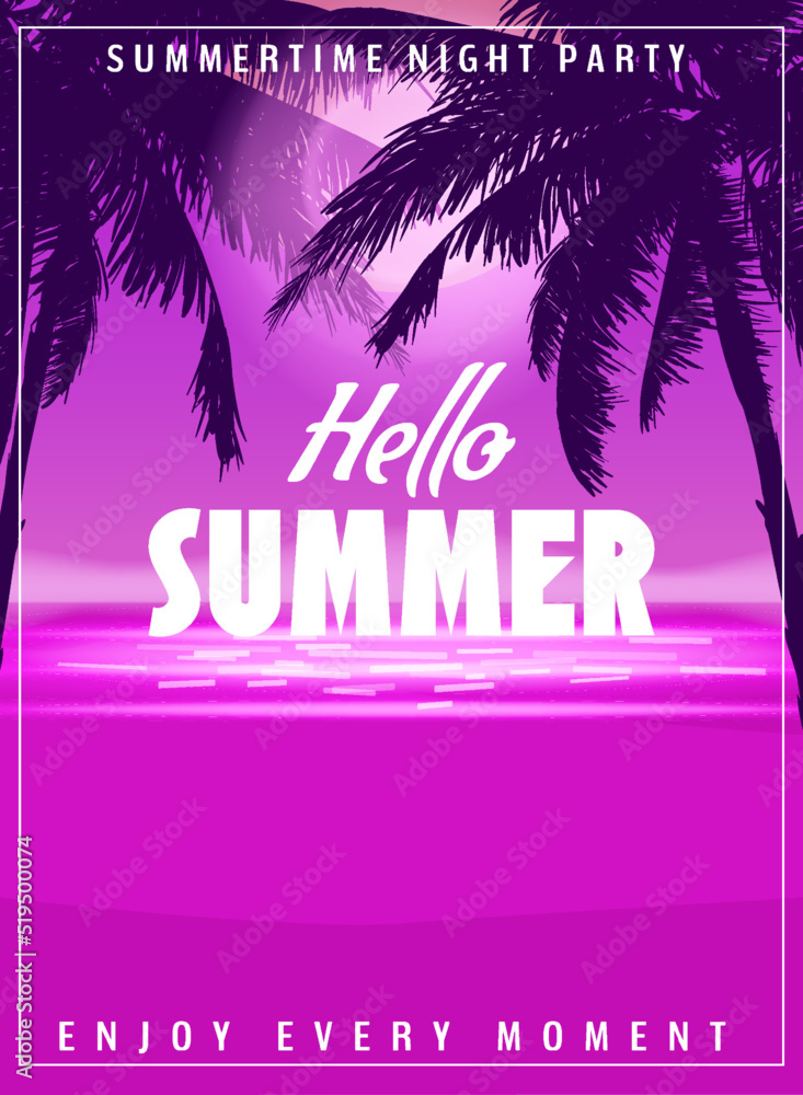 Hello Summer party background with palms, design template, flyer. Summertime poster