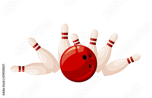 Bowling ball with pins on a white background. Strike. 