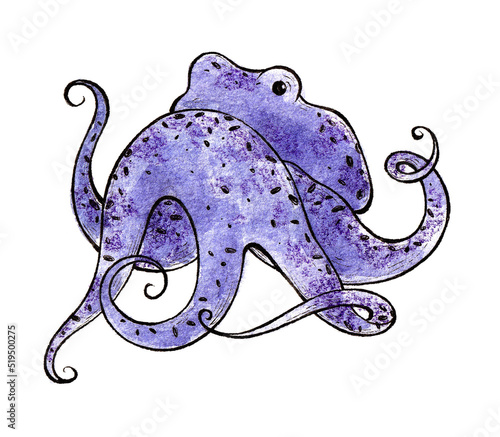 purple octopus on a white background. marine doodle illustration for printing postcards, stickers, logos, souvenirs. children's book illustration. watercolor drawing by hand.
